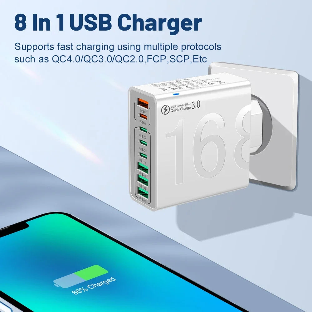 Cargador Pared USB Tipo C Múltiple 8 Puertos Alta Velocidad Carga Rápida PD para iPhone 15/Xiaomi/Huawei