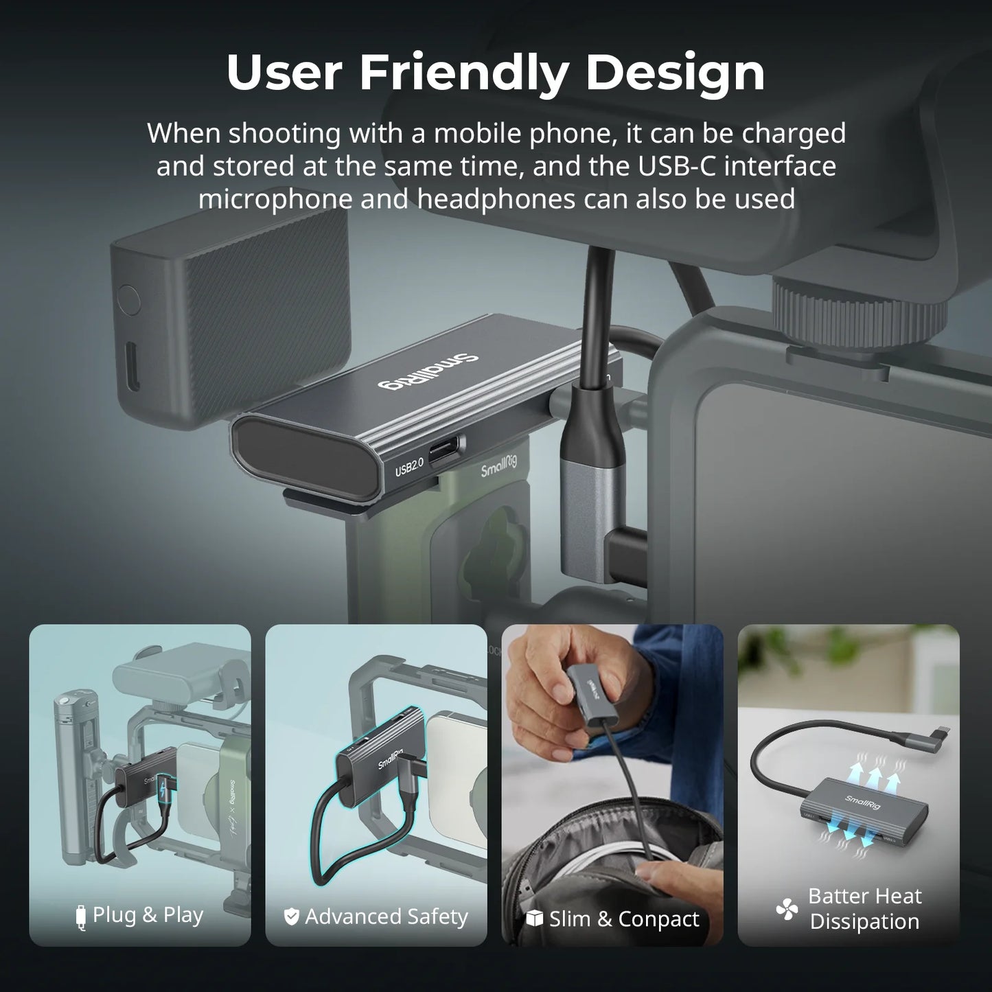 Hub USB-C 4-en-1 SmallRig PD 100W USB-C 3.1 + USB-C 2.0 + Adaptador Audio para Grabación Video Profesional Celular (4598)