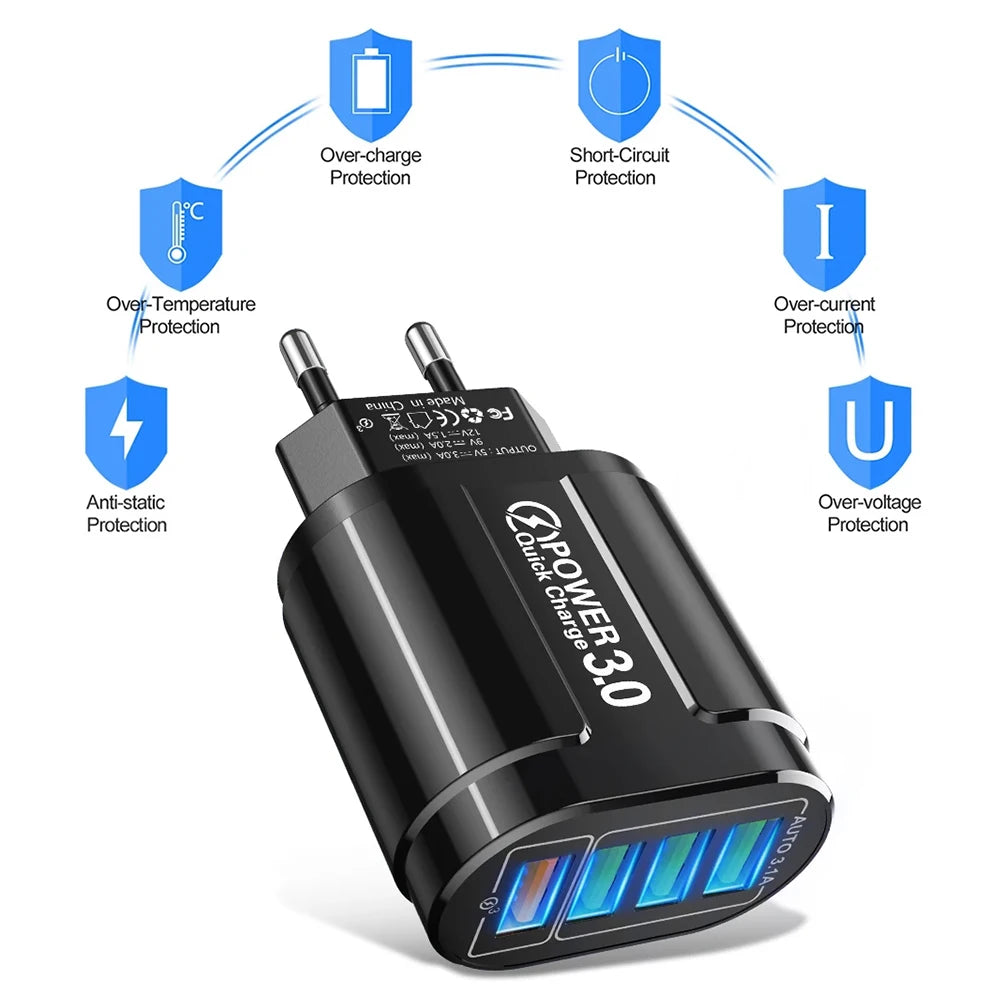 Cargador Rápido Viaje Portátil QC3.0 4 Puertos USB 48W (Enchufe EU) para Android/iPhone/Xiaomi