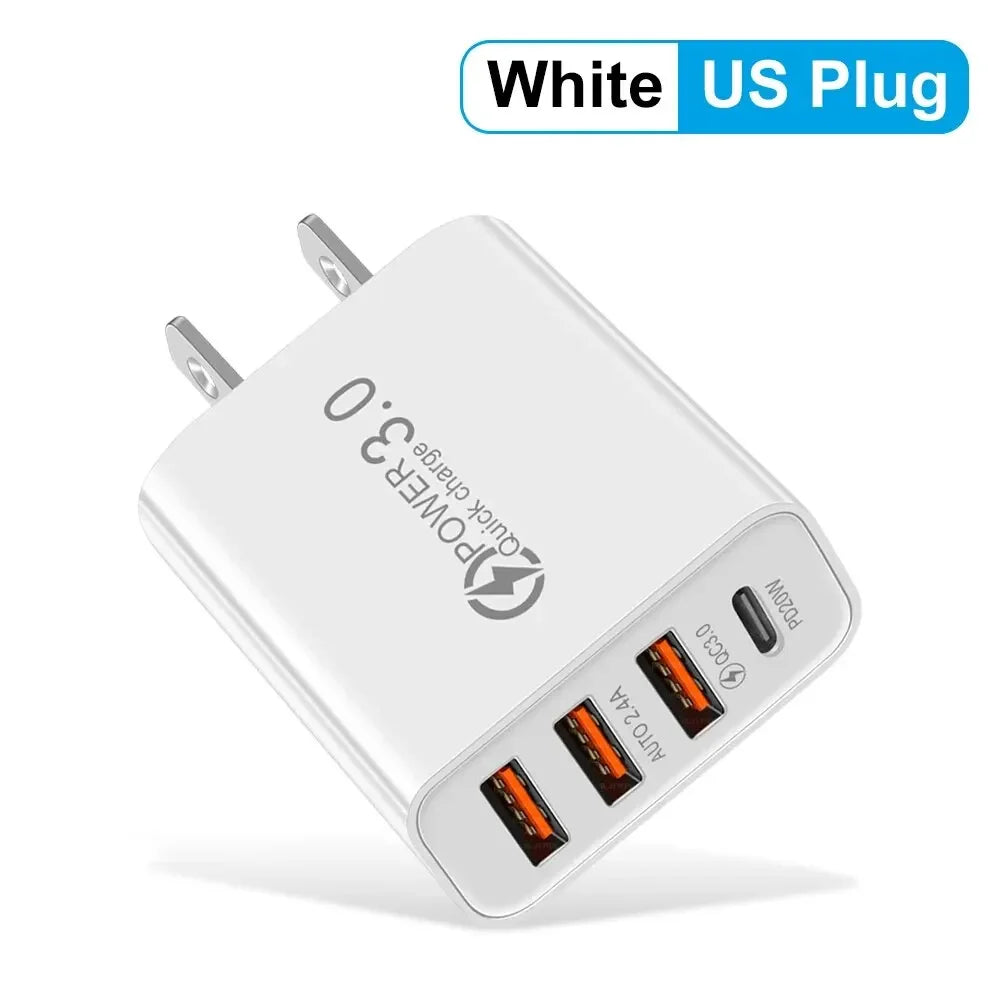 Cargador Pared Múltiple 4 Puertos USB (Total 60W) Carga Rápida PD Tipo C Adaptador Móvil para Xiaomi/iPhone 14/15/Samsung S24