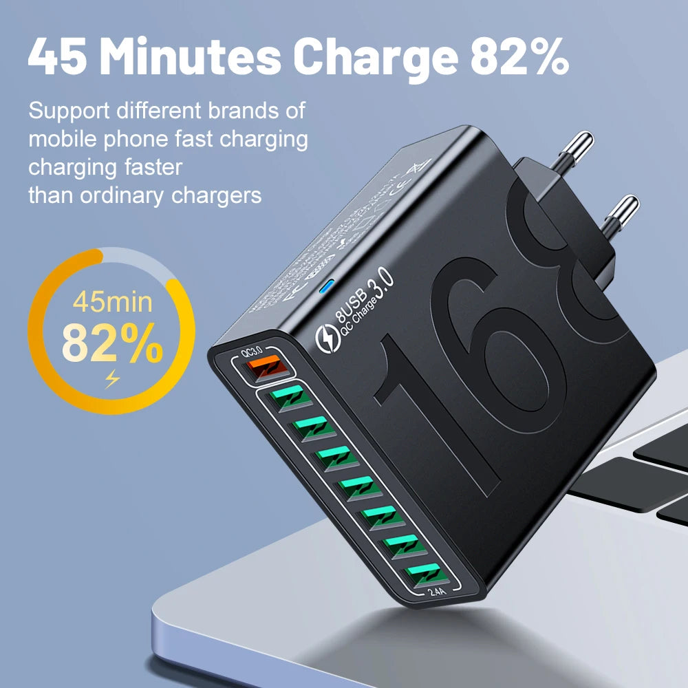 Cargador Pared Rápido USB Total 150W QC 3.0 Adaptador Carga Móvil Enchufe EU/US/KR para iPhone/Xiaomi/Huawei