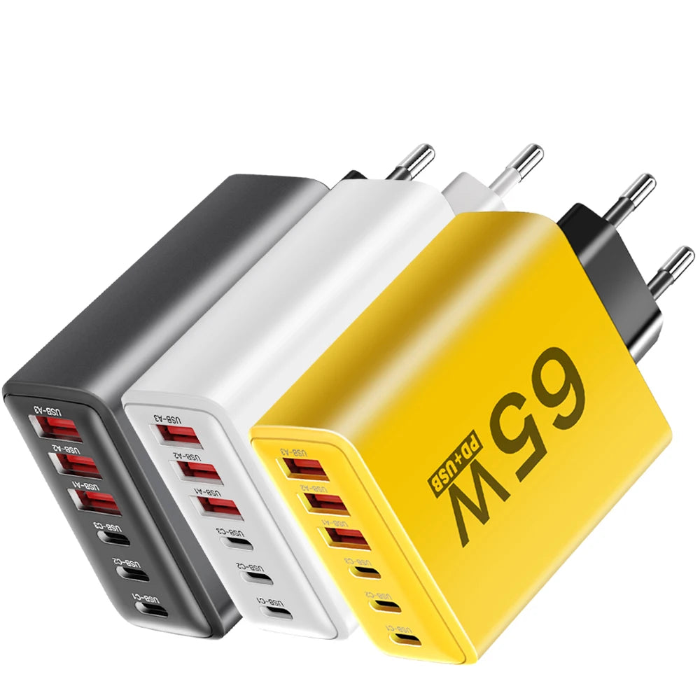 Cargador Pared USB C Múltiple 6 Puertos 65W Carga Rápida Total PD Adaptador Móvil para iPhone 15/16 Pro/Xiaomi/Samsung