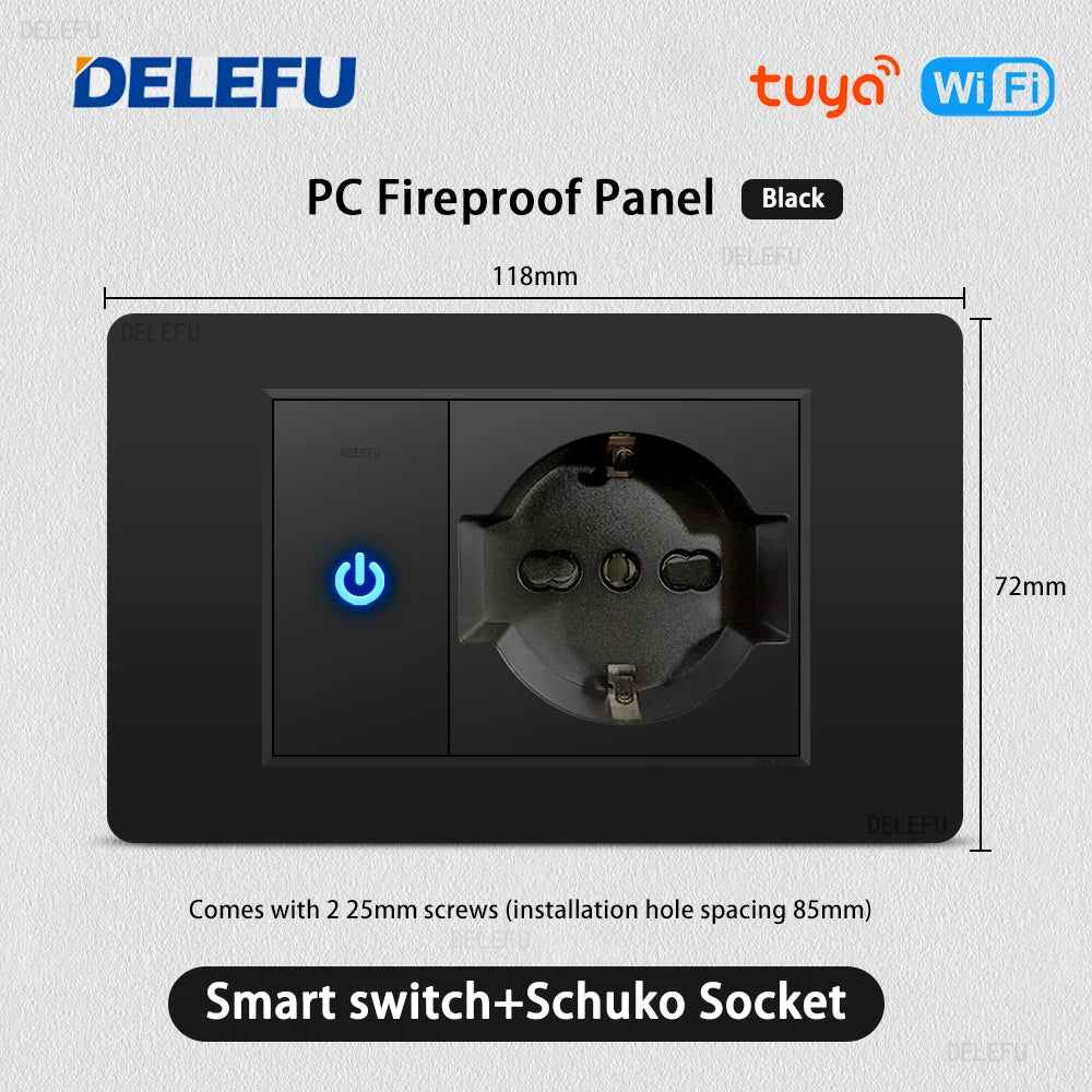 Enchufe Pared Delefu Italia/Chile PC Negro USB-C Carga Rápida + Schuko + Switch Smart Tuya WiFi + SAT/TV/TEL/Timbre