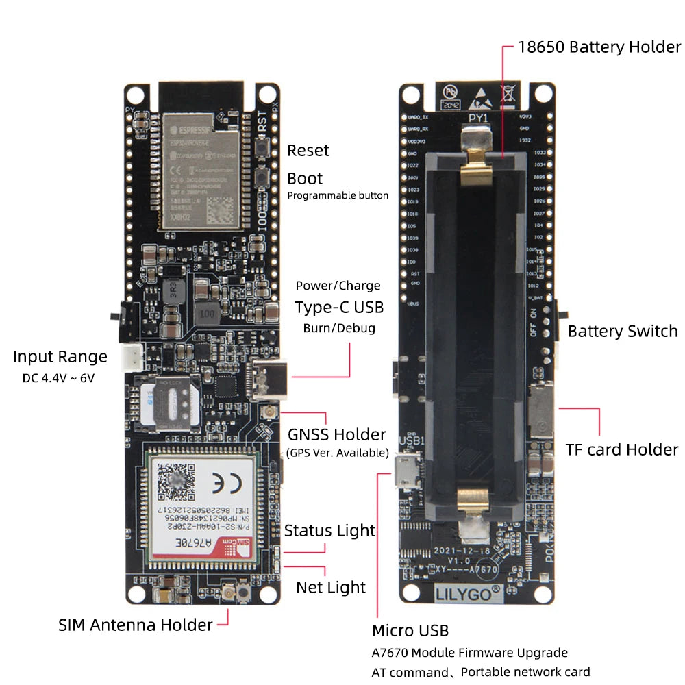 Placa Desarrollo LILYGO TTGO T-A7670G/E/SA R2 (4G LTE CAT1, ESP32) con Módulo SIM, Soporte GSM/GPRS/EDGE, TF Card