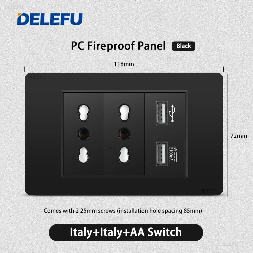 Enchufe Pared Delefu Italia/Chile PC Negro USB-C Carga Rápida + Schuko + Switch Smart Tuya WiFi + SAT/TV/TEL/Timbre