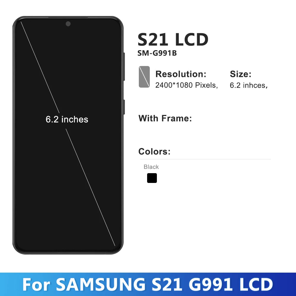 Pantalla LCD AMOLED con marco para móvil, montaje de digitalizador con pantalla táctil para Samsung S21, SM-G991N, G991B/DS