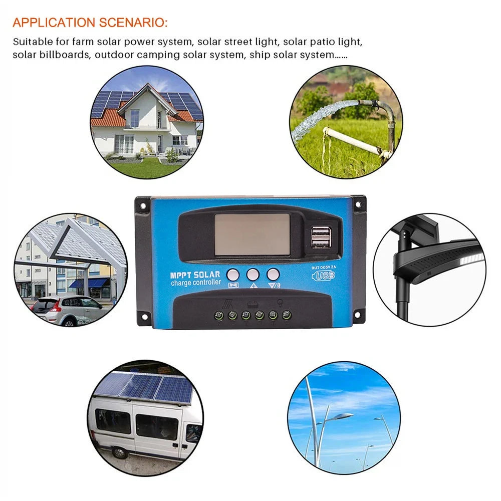 Controlador Carga Solar MPPT 30A-100A 12V/24V Dual USB LCD Regulador con Carga Panel Batería