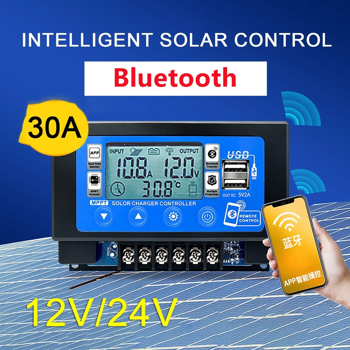Controlador Carga Solar MPPT 30A/60A 12V/24V LCD Display Bluetooth/WiFi Snap-On Almacenamiento Energía