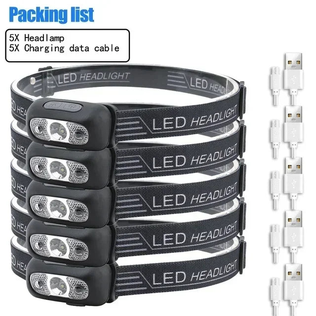 Linterna Frontal LED Portátil Luz Fuerte con Sensor (Recargable USB) para Camping Exterior/Pesca/Emergencia