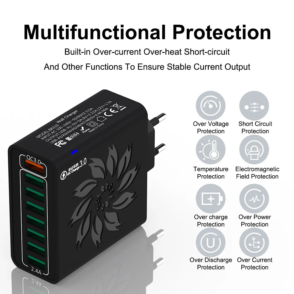 Cargador Rápido USB 8 Puertos QC5.0 120W Adaptador Corriente Enchufe EU/US/KR para iPhone 13/14/15/Xiaomi/Samsung