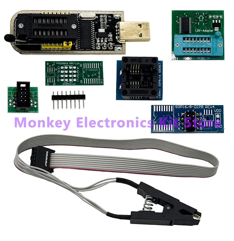 Kit Programador USB CH341A EEPROM/Flash/BIOS con Clip SOIC8 y Adaptador 1.8V + ZIF Socket