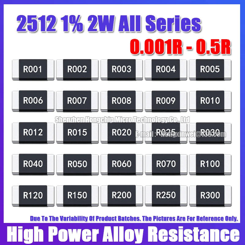 Resistencia Aleación SMD 2512 2W - Varios Valores Bajos (R001 a R300) 6.4x3.2mm - Lote 20 Piezas