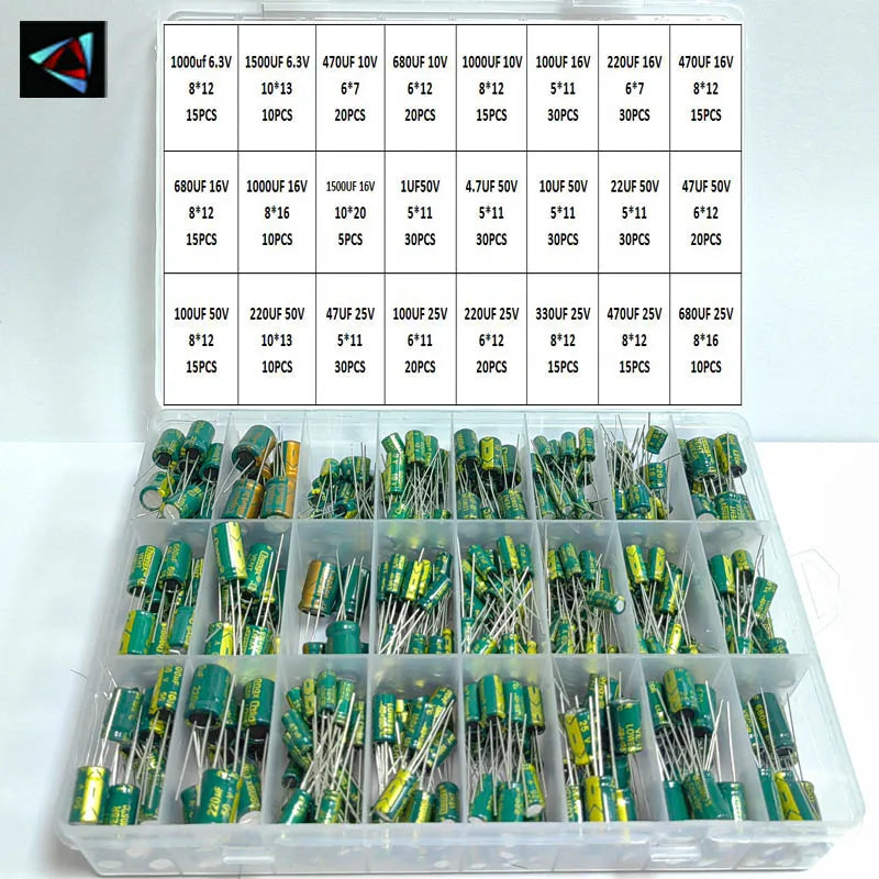 Kit Surtido Capacitor Electrolítico Aluminio en Caja (1uF-1000uF, 10V-100V, 24 Valores) - Pack 625 Piezas