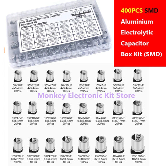 Kit Surtido Capacitores Electrolíticos SMD Aluminio (1uF-1000uF, 6.3V-50V, 24 Valores) con Caja Reparación (400 Piezas)