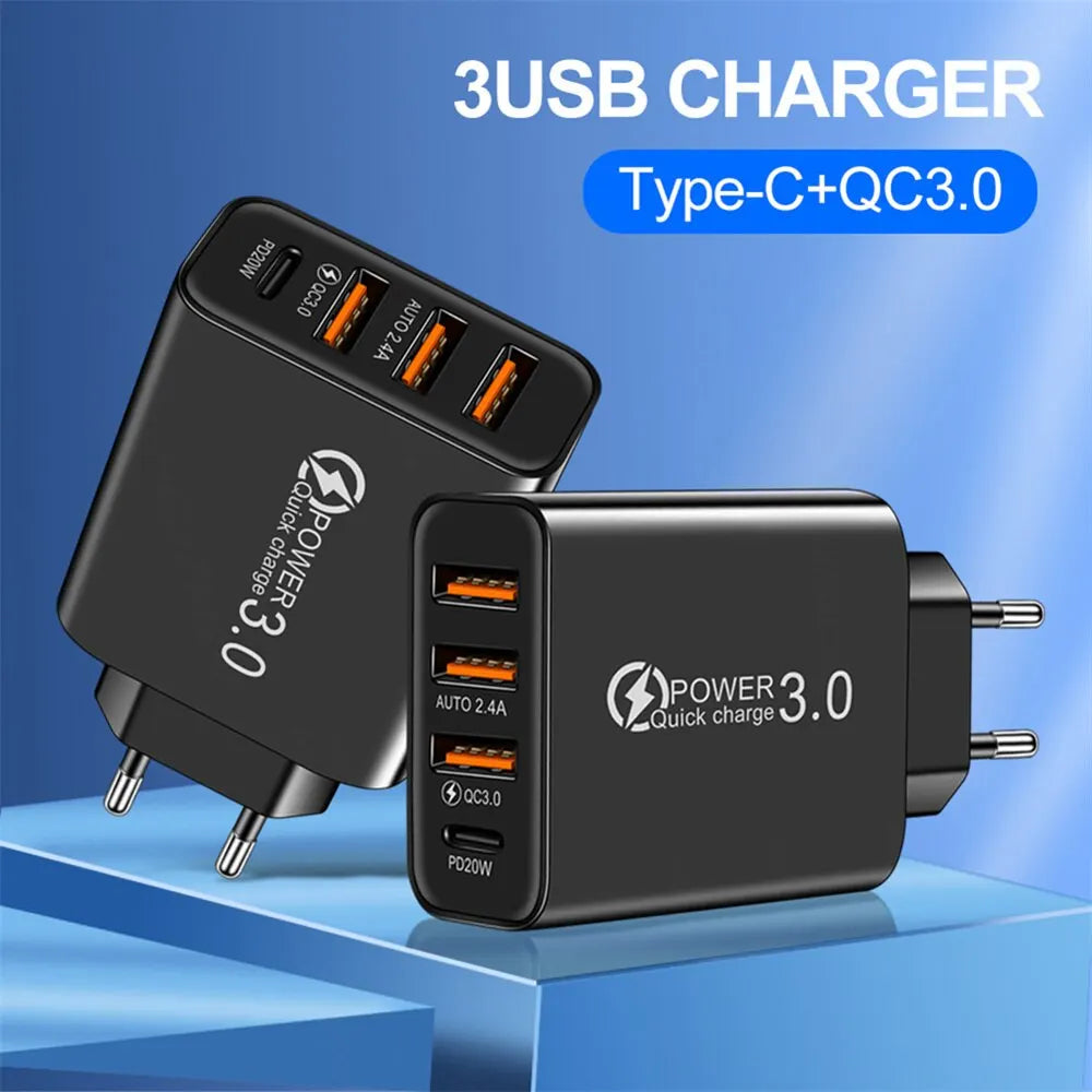 Cargador Rápido USB Tipo C 4 Puertos (QC 3.0, PD) Adaptador Corriente para Móvil iPhone/Samsung/Xiaomi (Negro)