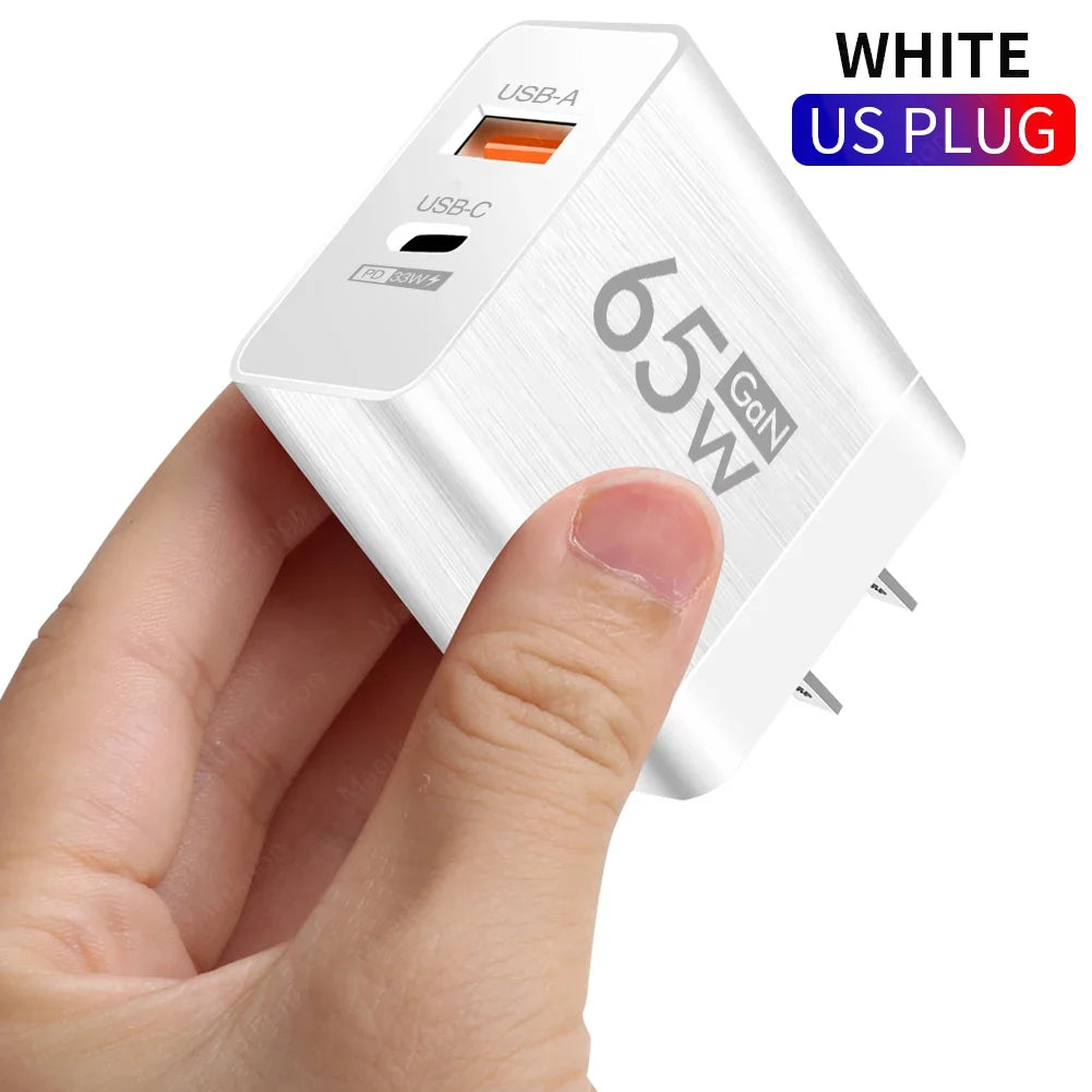 Cargador Pared USB PD GaN 65W Doble Puerto (Tipo C + USB QC3.0) Adaptador Carga Rápida Móvil para iPhone/Samsung/Xiaomi