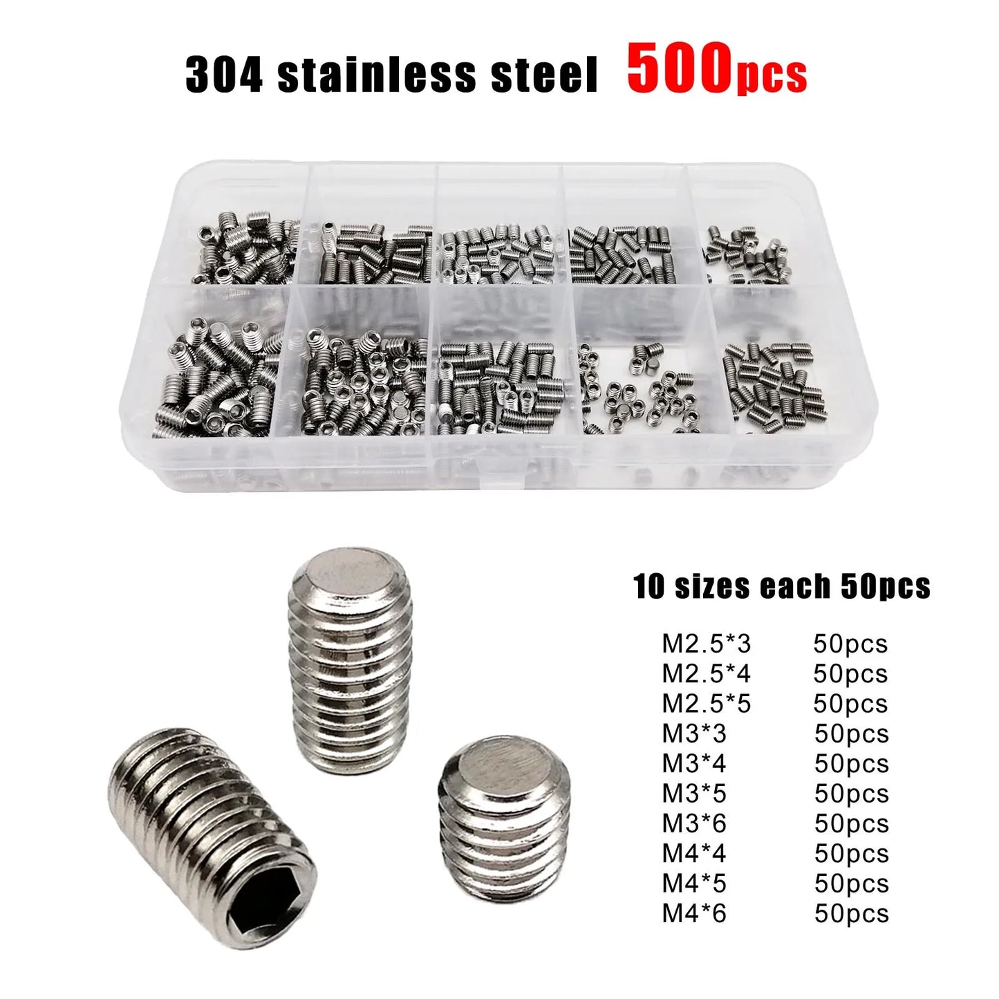 Kit Caja Tornillos Allen Cabeza Plana Hexagonal Acero Inoxidable 304/Negro DIN913 (M2-M8) (500/1500 Piezas)