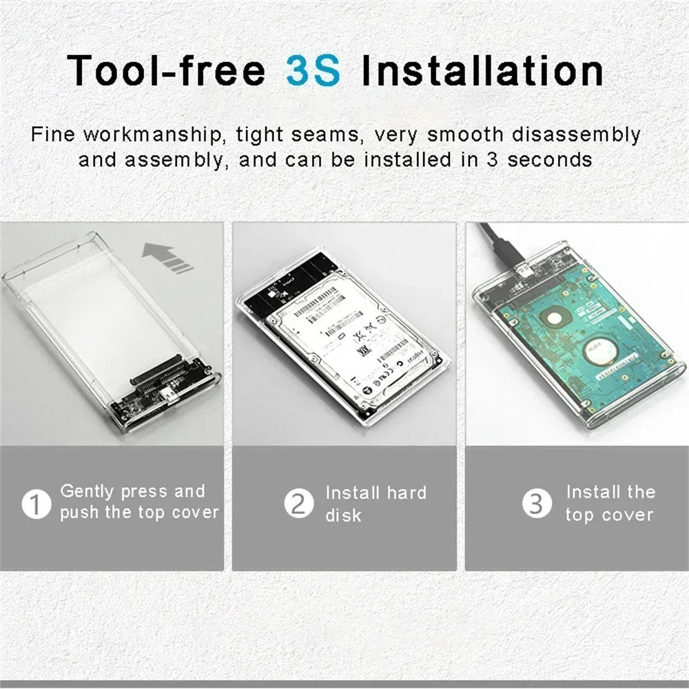 Carcasa Externa USB 3.0/Tipo C para Disco Duro HDD/SSD SATA 2.5" (5Gbps, Transparente, Tool-Free) Caja Harddisk