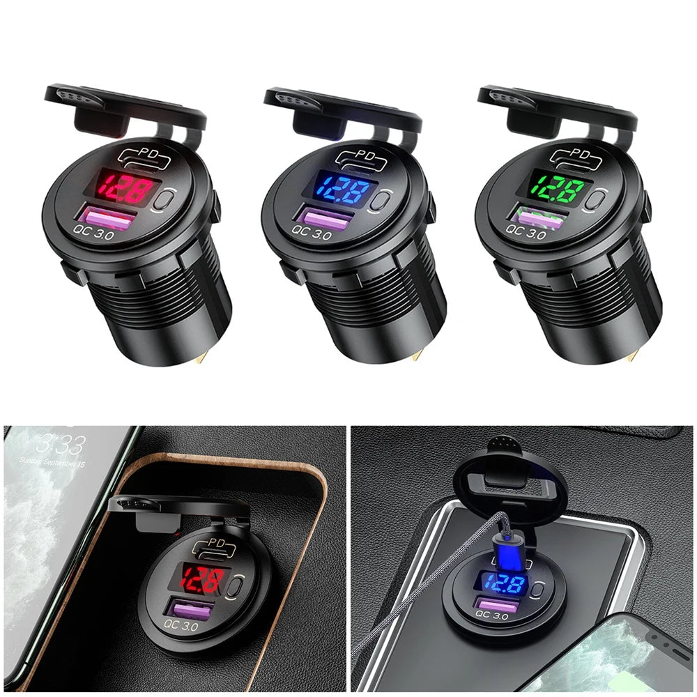 Cargador USB Auto/Camión PD 60W + QC 3.0 con Switch LED Voltímetro 12V/24V Carga Rápida