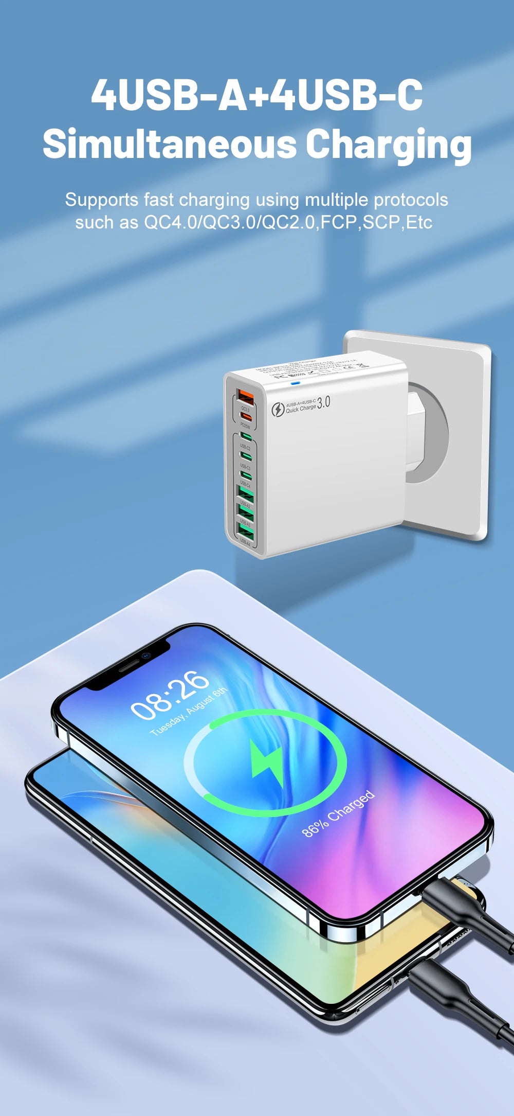 Cargador Pared USB 8 Puertos (Total 65W) Carga Rápida (PD Tipo C, QC 3.0) Adaptador para iPhone 14/15 Pro Max/Xiaomi/Samsung