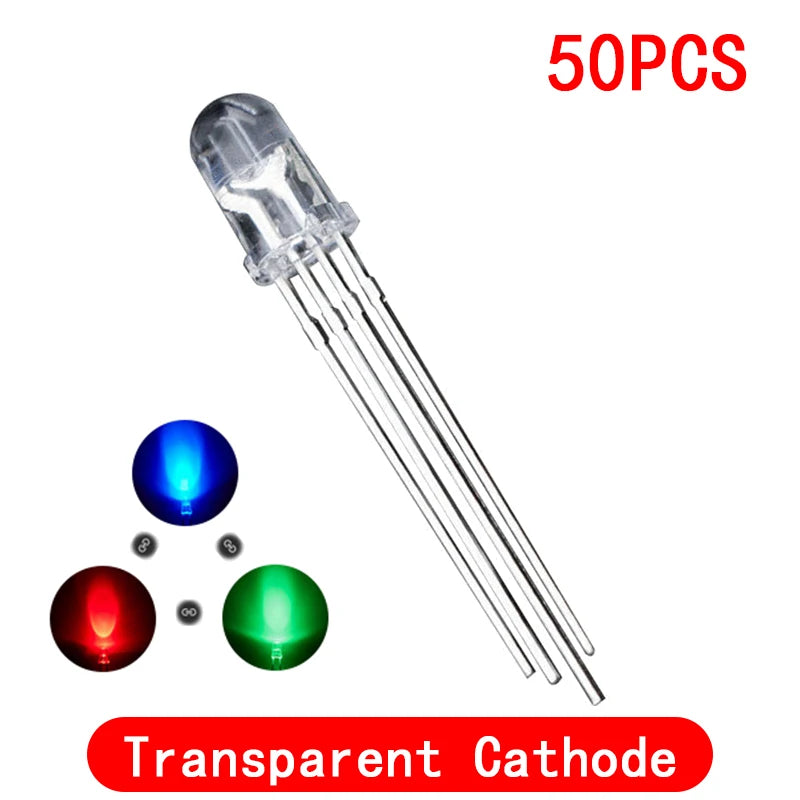 Diodo LED RGB 5mm Full Color Transparente 4 Pines (Cátodo/Ánodo Común) Luz Brillante Colorida (50 Unidades)