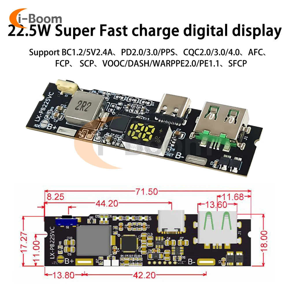 Módulo Power Bank Carga Rápida Bidireccional 22.5W DIY con Display Digital (USB/Tipo-C, Soporta VOOC)