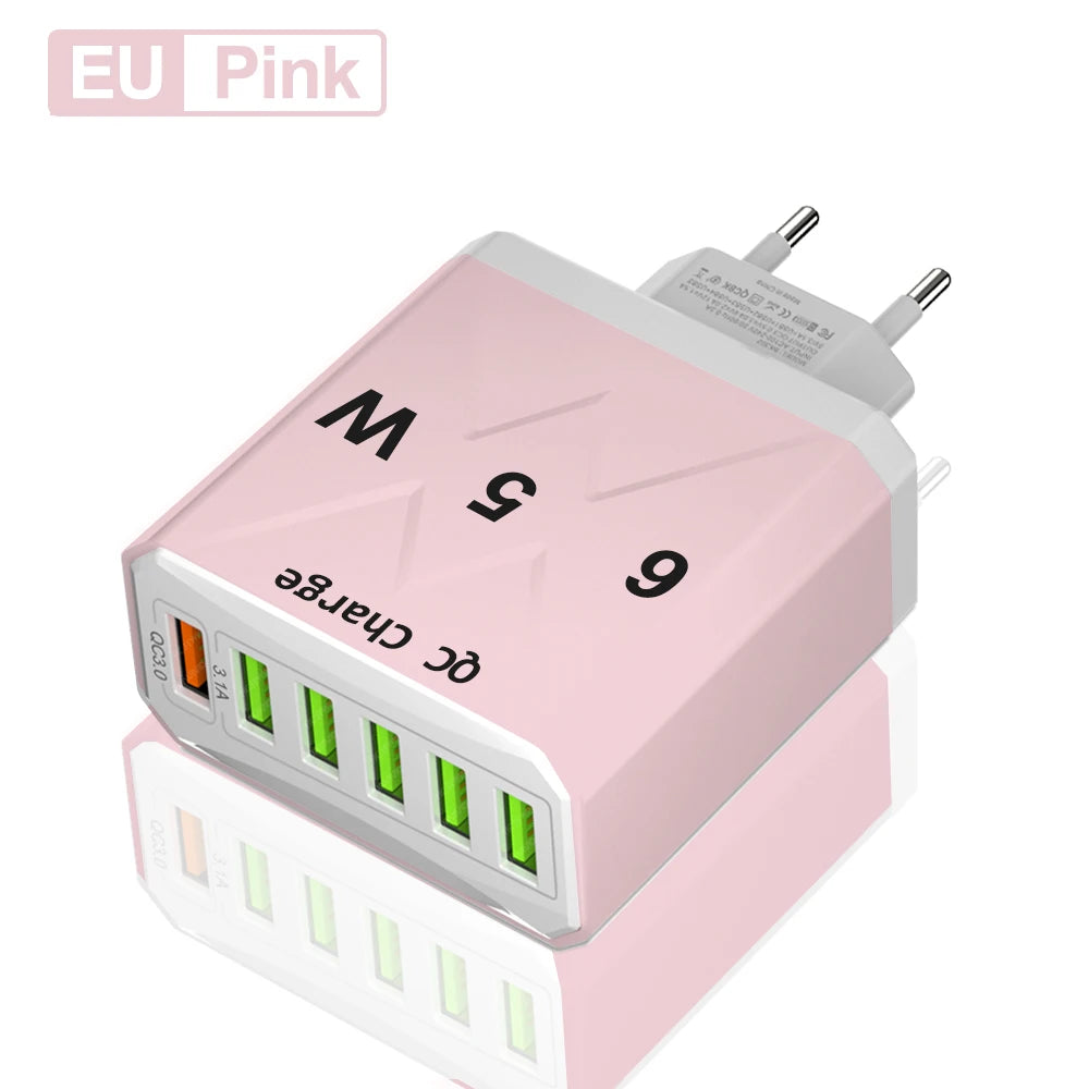 Adaptador Cargador Viaje Rápido USB 3.1A 6 en 1 Multi-Enchufe QC3.0 para iPhone 12/13/Samsung/Xiaomi
