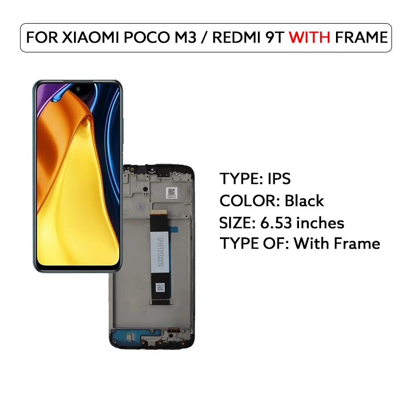 6.53" LCD Display For Xiaomi Poco M3 Redmi 9T LCD Touch Screen Digitizer Assembly With Frame M2010J19CG Replacement Repair Parts