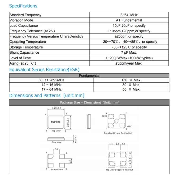 Oscilador Cristal Cuarzo Pasivo SMD 3225 4-Pin - Varios Frecuencias (12.288MHz a 50MHz) - Lote 10 Piezas
