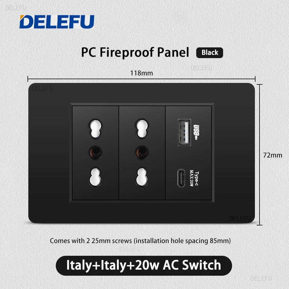 Enchufe Pared Delefu Italia/Chile PC Negro USB-C Carga Rápida + Schuko + Switch Smart Tuya WiFi + SAT/TV/TEL/Timbre