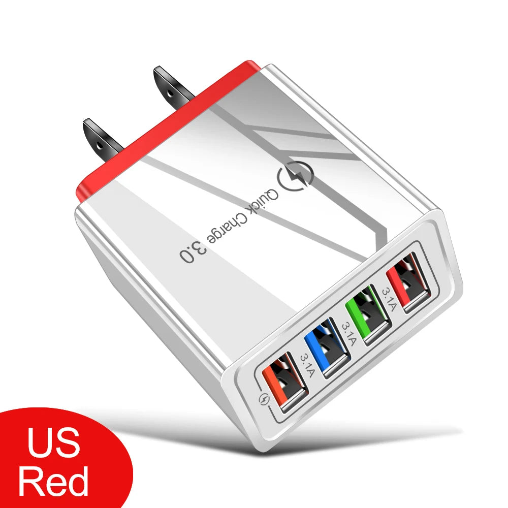 Cargador Pared USB 4 Puertos Quick Charge 3.0 Carga Rápida para iPhone 15/14/Samsung/Xiaomi (Enchufe EU/US)
