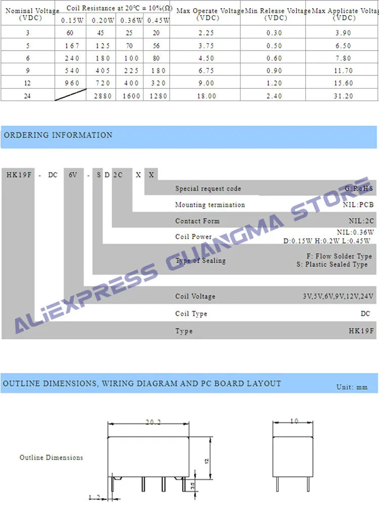 Relé HK19F 8-Pin 2A DPDT - Varios Voltajes Bobina (3V a 24V DC) - Lote 1 Pieza