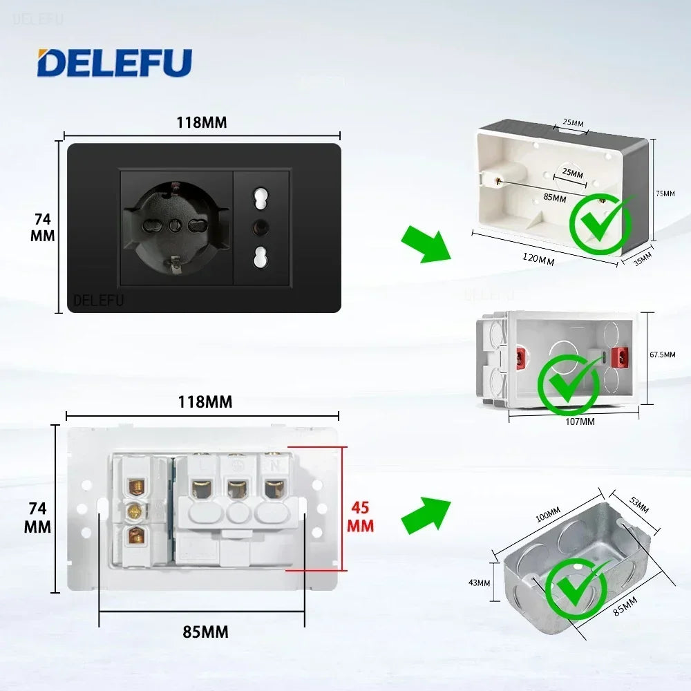 Enchufe Pared Delefu Italia/Chile PC Negro USB-C Carga Rápida + Schuko + Switch Smart Tuya WiFi + SAT/TV/TEL/Timbre