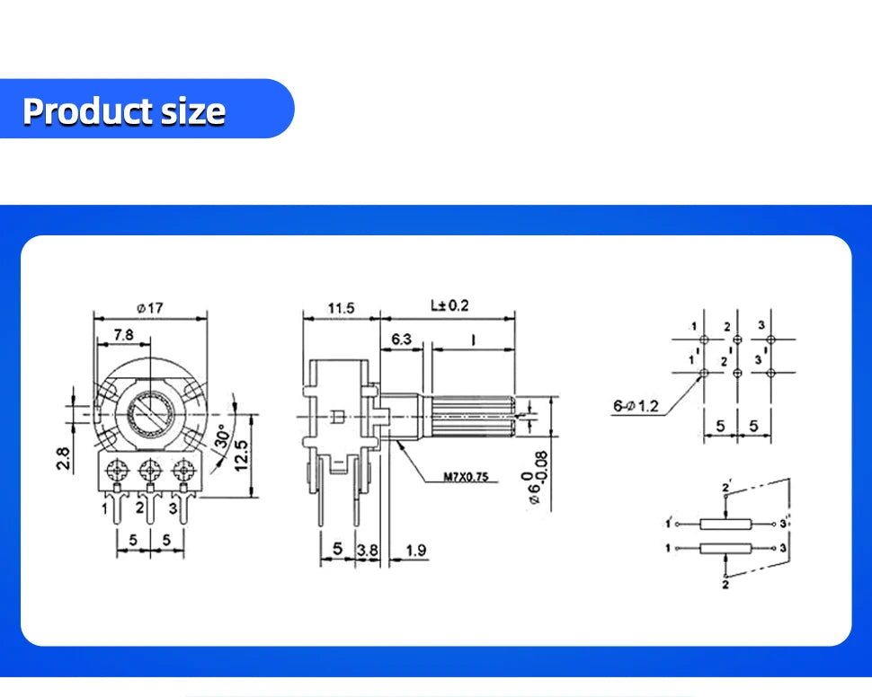 5PCS 5K 10K 20K 50K 100K 250K 500K Ohm WH148 20mm 3Pin Single link Linear Taper Rotary Potentiometer for Arduino