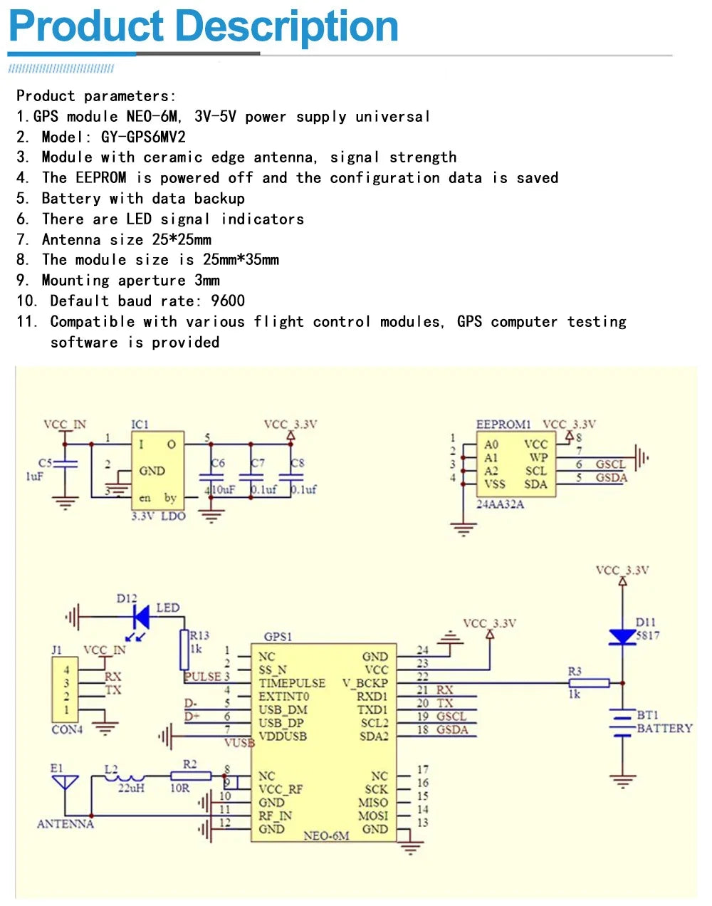 Módulo GPS GY-NEO6MV2 (NEO-6M) con Antena Grande y EEPROM para Control Vuelo MWC/APM2.5 Arduino