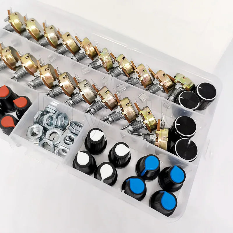 20sets /Box WH148 15MM Single Potentiometer Kit B5K/10K/20K/50K/100K With Knobs Set Shaft Nuts