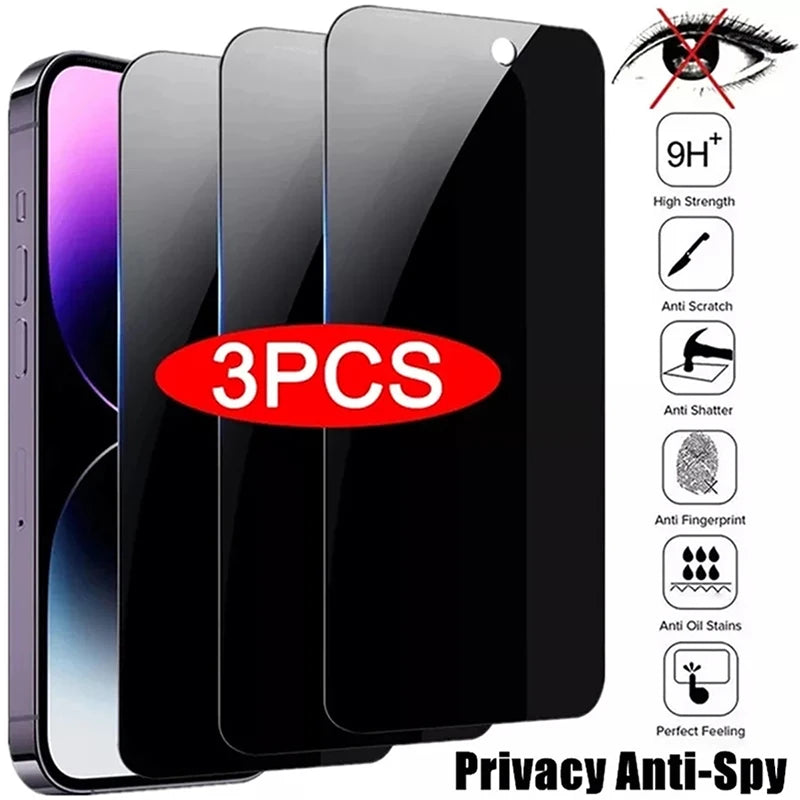 Protector Pantalla Privacidad Anti-Espía Cristal Templado para iPhone 11-15 Pro Max/13 Mini / 14 Plus (Pack 3 Unidades)