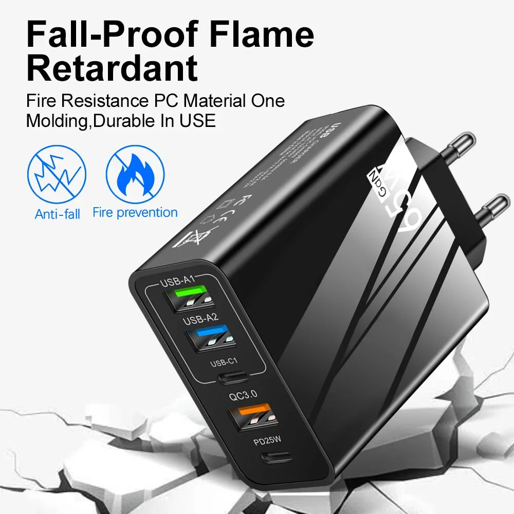 Cargador Pared Rápido 65W (PD + 3 USB-A 3.1A) Adaptador Viaje Multi-Interfaz Enchufe EU/US para Samsung/Xiaomi/iPhone