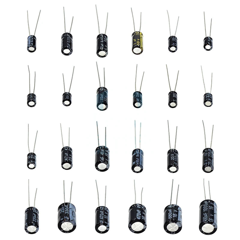 Kit Surtido Capacitores Electrolíticos Aluminio 24 Valores (0.1uF-1000uF, 10-50V) con Caja Almacenamiento (500 Piezas/Lote)