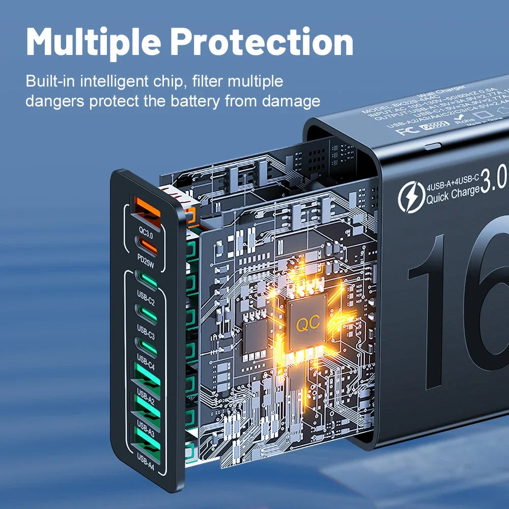 Cargador Pared USB Tipo C Múltiple 8 Puertos Alta Velocidad Carga Rápida PD para iPhone 15/Xiaomi/Huawei