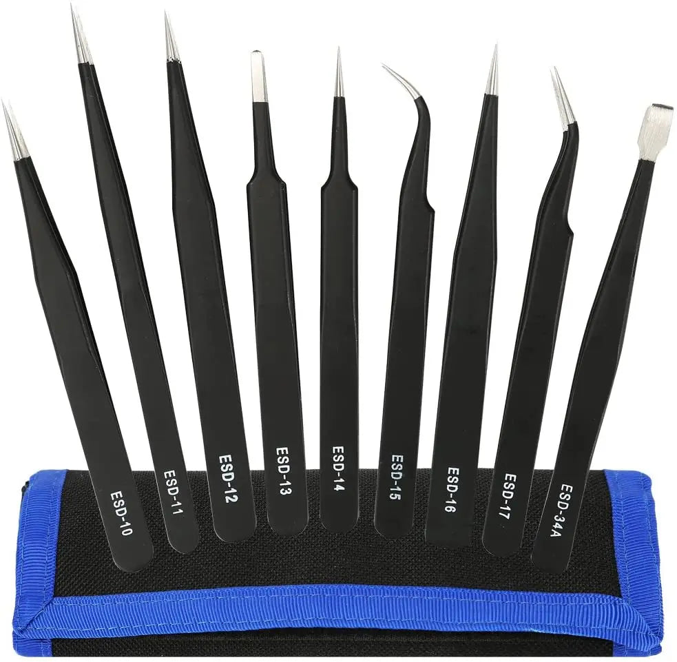 Set Pinzas ESD Antiestáticas Acero Inoxidable Binoax (Puntas No Magnéticas) para Electrónica/Soldadura/Artesanía (6/9/10 Piezas)