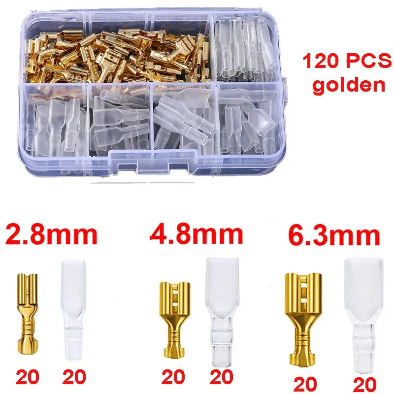 Set Terminales Conector Cable Oro/Plata Macho/Hembra (Tipo Resorte, Desnudo) en Caja (120 Piezas)