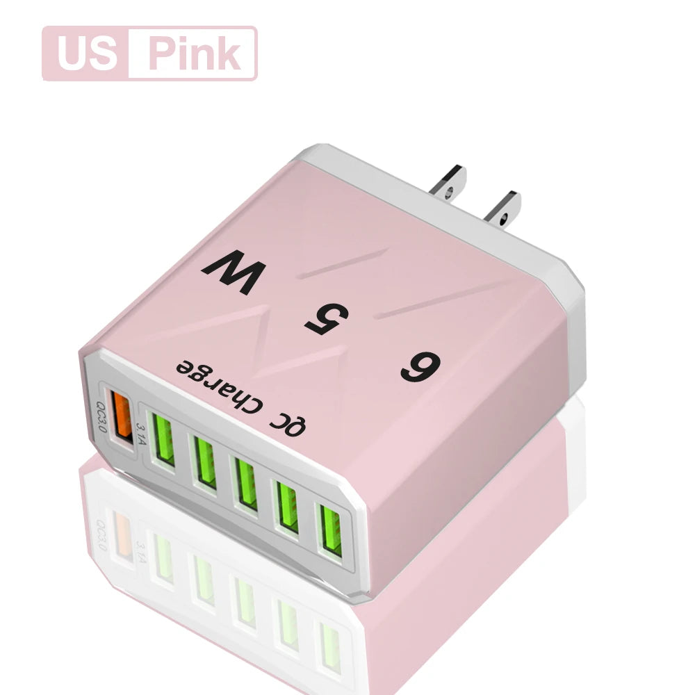 Adaptador Cargador Viaje Rápido USB 3.1A 6 en 1 Multi-Enchufe QC3.0 para iPhone 12/13/Samsung/Xiaomi