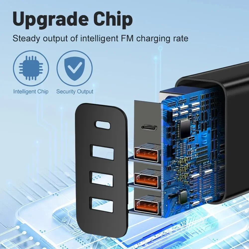 Cargador Pared Múltiple 4 Puertos USB (Total 60W) Carga Rápida PD Tipo C Adaptador Móvil para Xiaomi/iPhone 14/15/Samsung S24