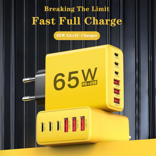 Cargador Pared USB C Múltiple 6 Puertos 65W Carga Rápida Total PD Adaptador Móvil para iPhone 15/16 Pro/Xiaomi/Samsung