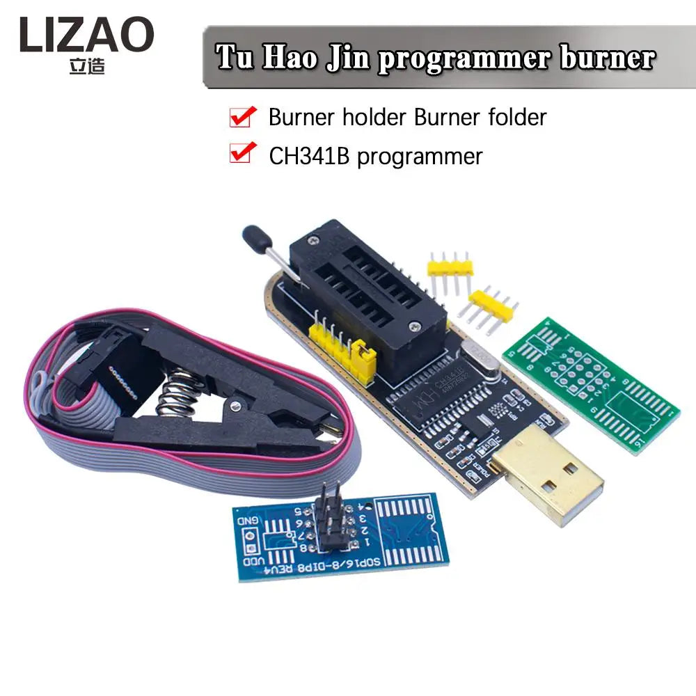 Kit Programador USB CH341 24/25 Series EEPROM Flash BIOS + Clip Test SOIC8/SOP8