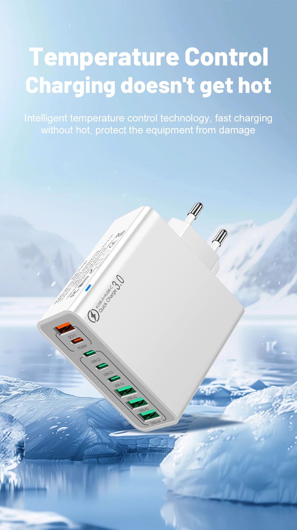 Cargador Pared USB 8 Puertos (Total 65W) Carga Rápida (PD Tipo C, QC 3.0) Adaptador para iPhone 14/15 Pro Max/Xiaomi/Samsung