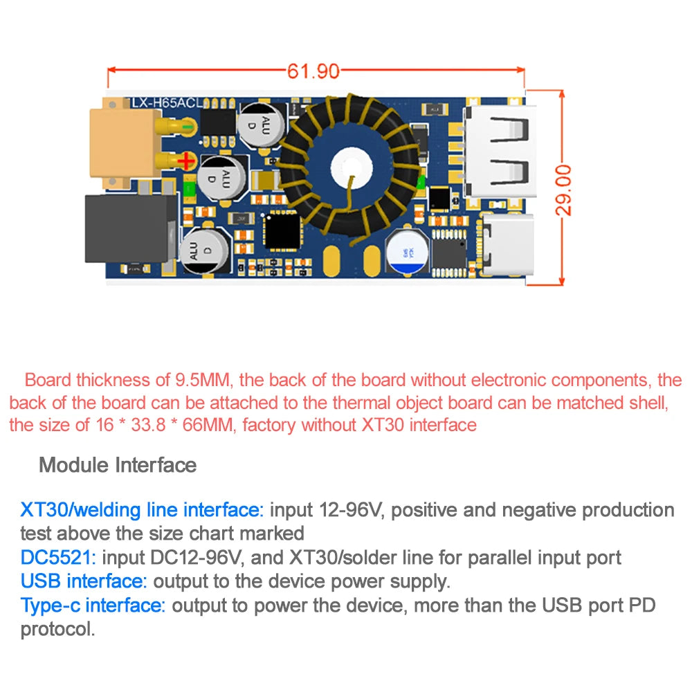 Módulo Adaptador Carga Rápida Doble USB (USB-A QC3.0 + USB-C PD) 65W DC 12V-96V Step-Down Apple/Huawei SCP/FCP