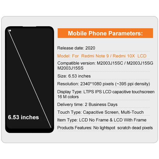 6.53" Note 9 LCD For Xiaomi Redmi Note 9 LCD Display Screen Replacement For Redmi 10X 4G LCD M2003J15SG Display M2003J15SC Parts