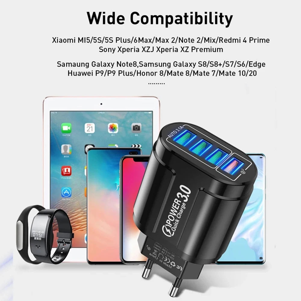 Cargador Rápido Viaje Portátil QC3.0 4 Puertos USB 48W (Enchufe EU) para Android/iPhone/Xiaomi